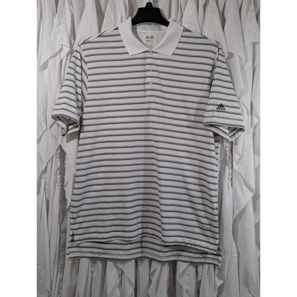 Adidas Golf Climalite Size Large White with Black Horizontal Striped Polo